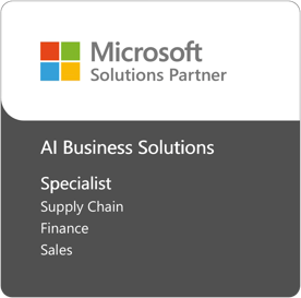 DynaTech Systems Microsoft Solutions Partner badge for AI Business Solutions with Supply Chain, Finance, and Sales specializations