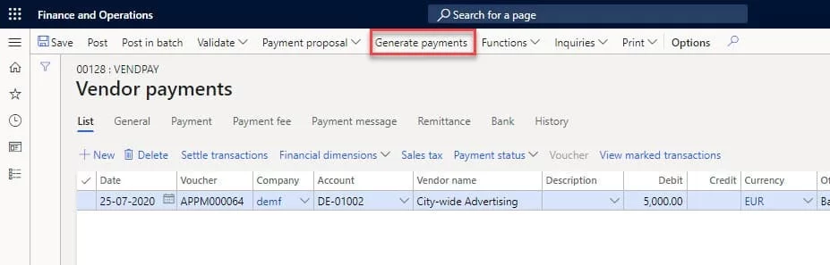Generate Payment File in D365 FO
