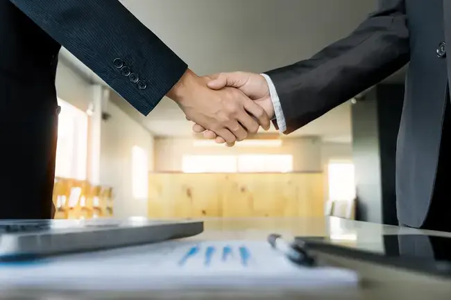 two confident business man shaking hands meeting office success dealing greeting partner concept