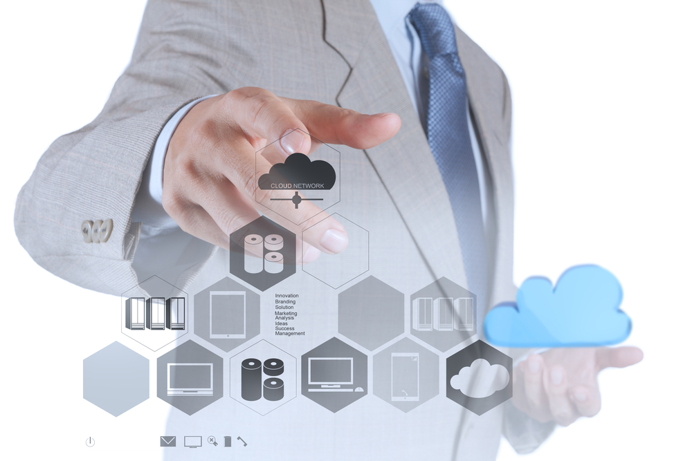 businessman hand showing about cloud network idea concept